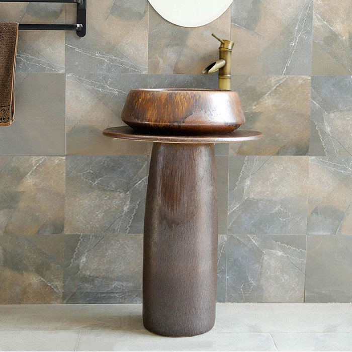 Homary 25.59'' Tall Antique Brass Porcelain Circular Pedestal Bathroom
